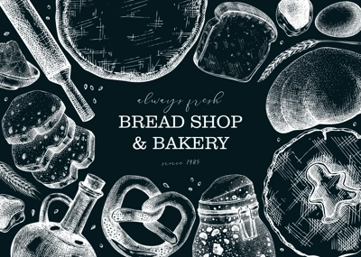 Vintage bakery shop background. Vector frame with baking ingredients, pastries, and bread sketches on chalkboard. Hand drawn food illustration for bakery store, cafe menu, banner design.